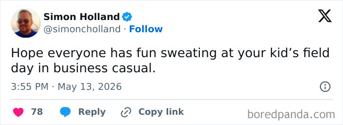 Parenting humor about sweating in business casual at kid's field day