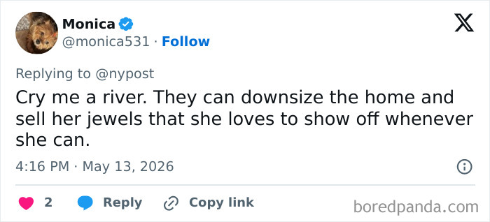 A tweet from Monica saying Cry me a river, they can downsize home and sell her jewels. Related to Meghan Markle's necklace. A tweet from Monica saying Cry me a river, they can downsize home and sell her jewels. Related to Meghan Markle's necklace.