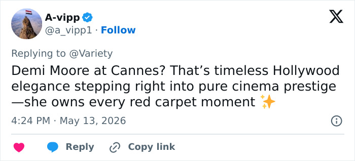 A tweet praises Demi Moore at Cannes, highlighting Boomers stealing the show. It mentions her timeless elegance and cinema prestige. A tweet praises Demi Moore at Cannes, highlighting Boomers stealing the show. It mentions her timeless elegance and cinema prestige.