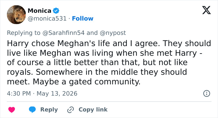 A tweet from Monica commenting on Meghan Markle's lifestyle choices amid scrutiny over Sussexes' bills. A tweet from Monica commenting on Meghan Markle's lifestyle choices amid scrutiny over Sussexes' bills.