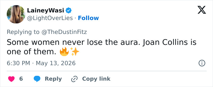 Tweet elogiando a aura duradoura e a aparência jovem de Joan Collins