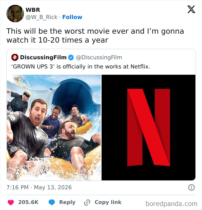A funny cinephile tweet about watching Grown Ups 3 multiple times a year, despite calling it the worst movie.