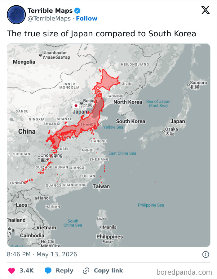 Map showing the true size of Japan overlaid on South Korea and parts of China