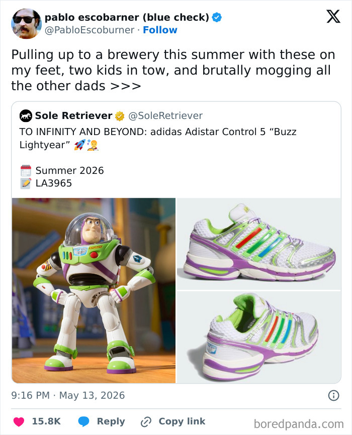 Funny parenting tweet about wearing adidas Buzz Lightyear shoes and kids at a brewery