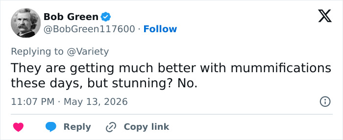 A tweet from Bob Green (@BobGreen117600) replying to @Variety, discussing how Boomers are stealing the show at Cannes Film Festival. A tweet from Bob Green (@BobGreen117600) replying to @Variety, discussing how Boomers are stealing the show at Cannes Film Festival.