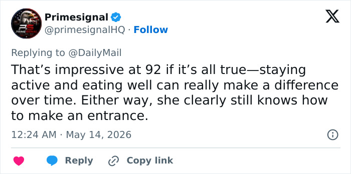 A tweet from Primesignal commenting on Boomers making an impression at 92 and stealing the show at Cannes Film Festival. A tweet from Primesignal commenting on Boomers making an impression at 92 and stealing the show at Cannes Film Festival.