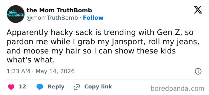 Gen Z hacky sack trend joke with Jansport and jeans tweet