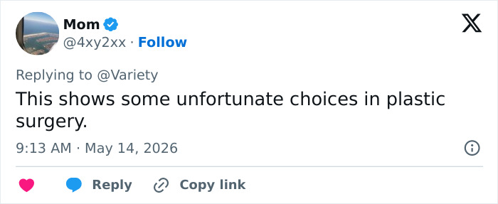 A tweet from "Mom" saying "This shows some unfortunate choices in plastic surgery," possibly about Boomers stealing the show at Cannes. A tweet from "Mom" saying "This shows some unfortunate choices in plastic surgery," possibly about Boomers stealing the show at Cannes.