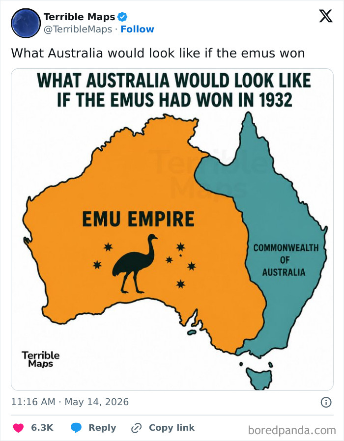 Map of Australia divided into Emu Empire and Commonwealth of Australia regions
