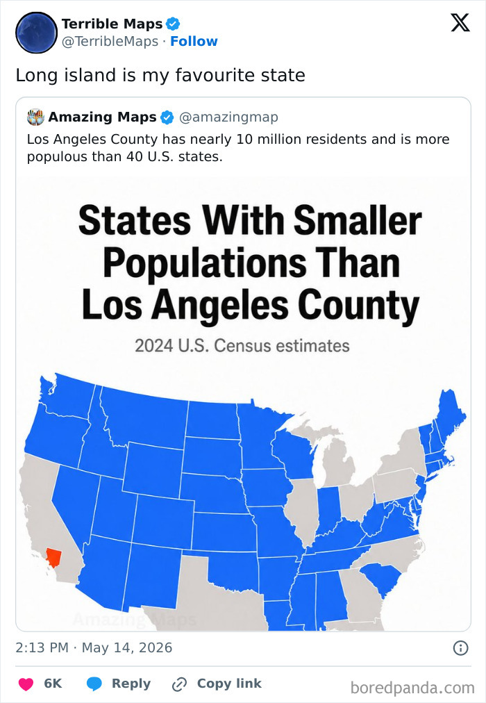 US map showing states with smaller populations than Los Angeles County in blue