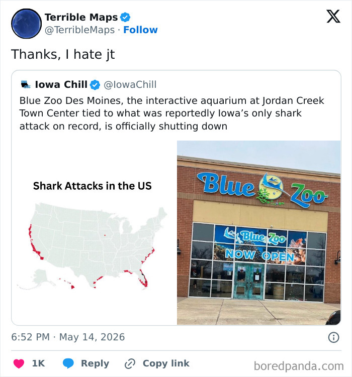 Map of shark attacks in the US with image of Blue Zoo aquarium closing