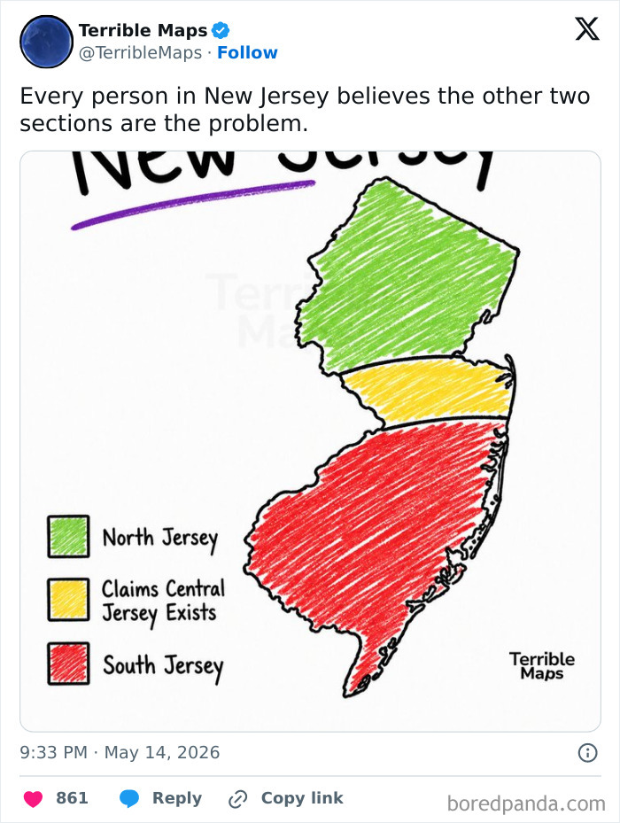 Illustrated map of New Jersey divided into North, Central, and South sections