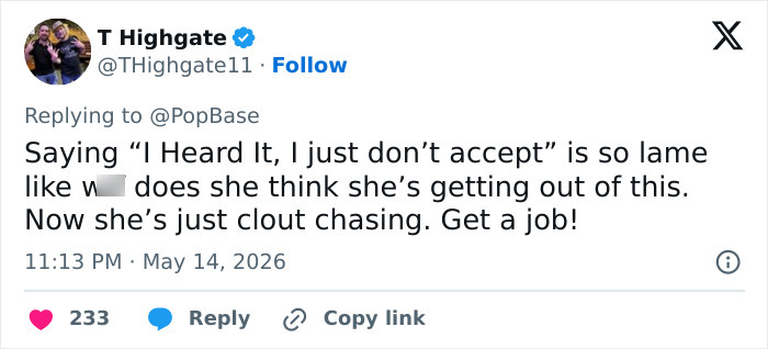 Tweet calling clout chasing and telling to get a job