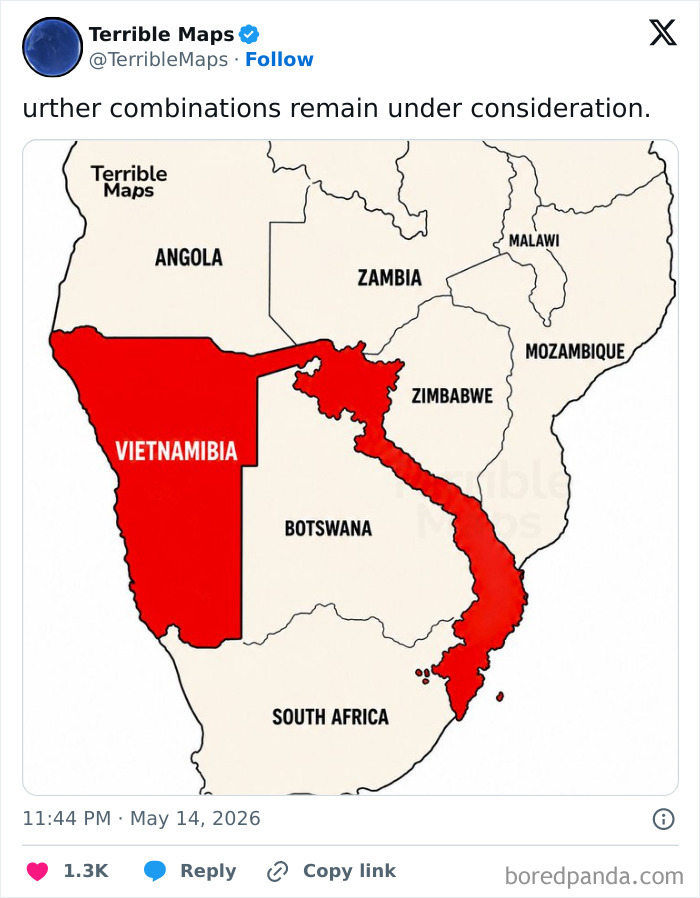 Map merging Namibia and Vietnam into a single country called Vietnamibia