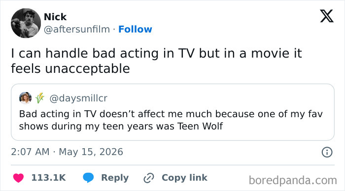 A tweet about bad acting in a movie versus TV, featured in hilarious cinephile tweets.