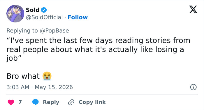Tweet discussing reading real people stories about losing jobs
