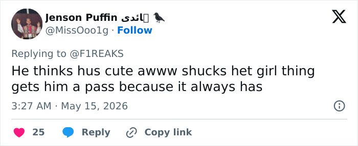 Tweet implying cute behavior gets influencer a pass