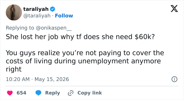 Tweet criticizing need for $60k after job loss