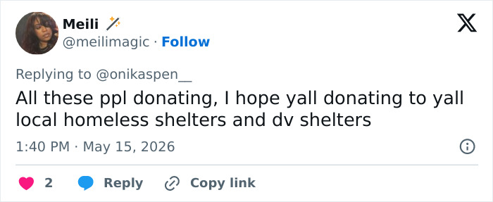 Tweet urging donors to support homeless and domestic violence shelters
