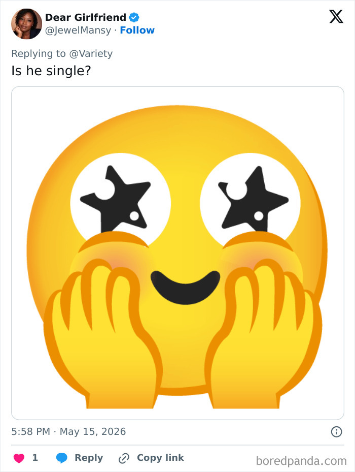 Emoji with starry eyes replying to question about John Travolta's relationship status