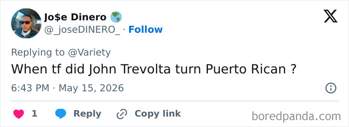 Tweet questioning when John Travolta adopted Puerto Rican look featuring new style image