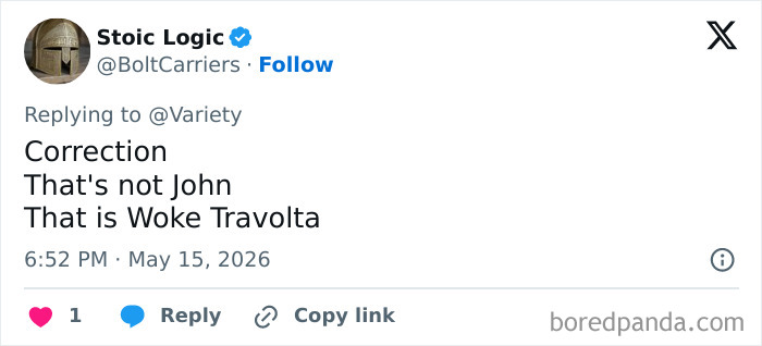 Tweet humorously naming John Travolta's new style as Woke Travolta