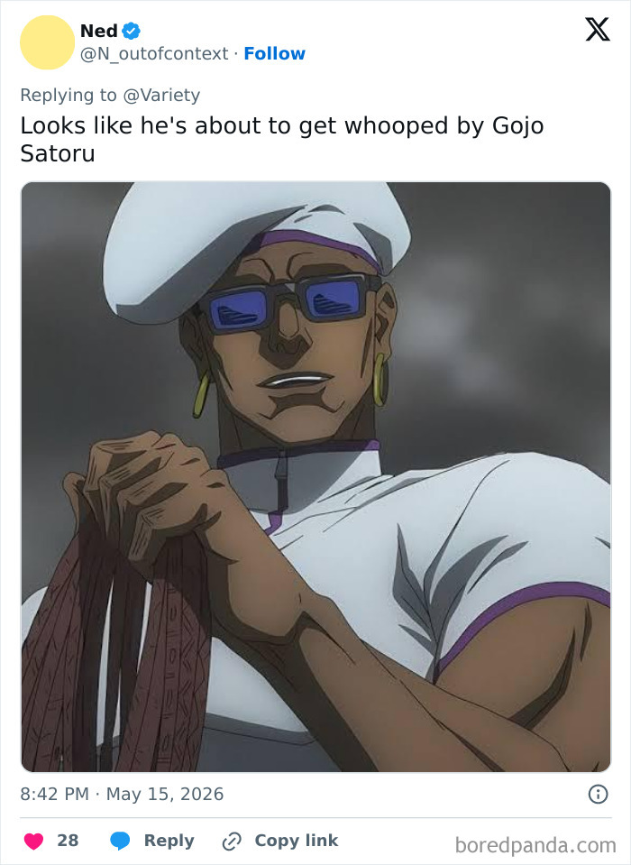 Tweet saying John Travolta looks like about to get whooped by Gojo Satoru