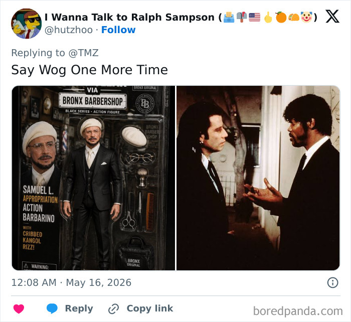 Image showing John Travolta action figure and movie scene with humorous caption