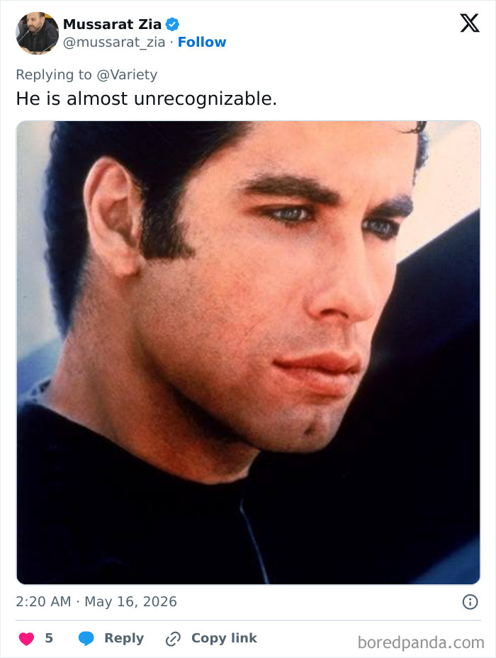 Close-up of John Travolta's face highlighting his new look that is almost unrecognizable
