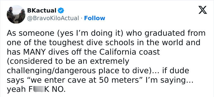 Tweet about dangers of entering caves at 50 meters from experienced diver
