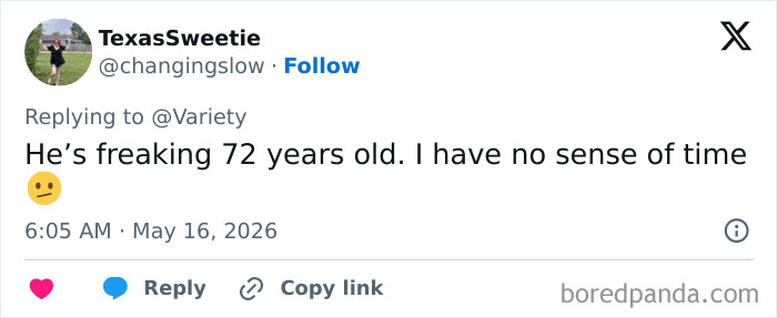 Tweet remarking on John Travolta's age expressed with bewildered emoji