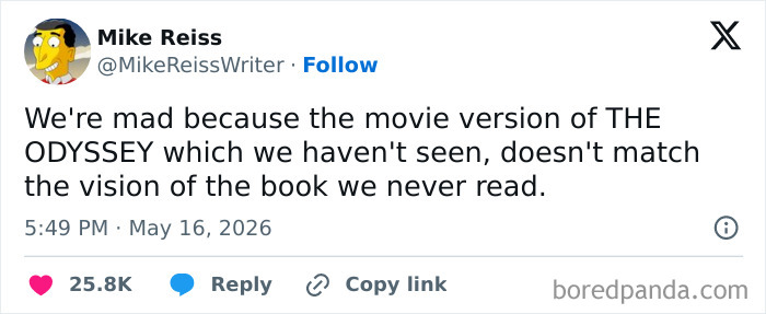 A hilarious cinephile tweet discussing the movie version of The Odyssey and the book.