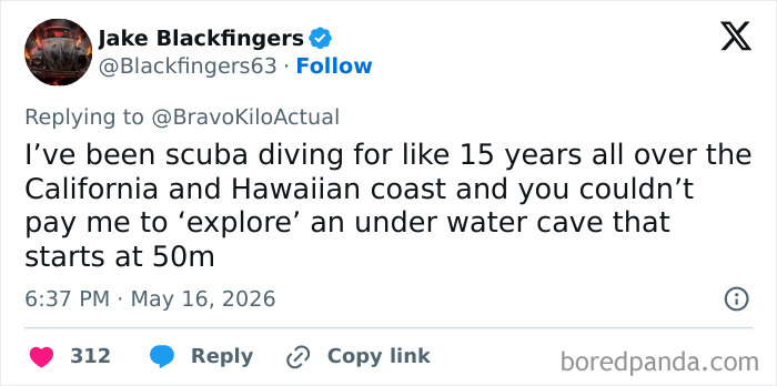 Tweet about dangers of exploring underwater caves in scuba diving