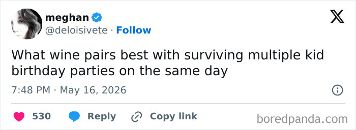 Humorous tweet about wine and surviving multiple kid birthday parties