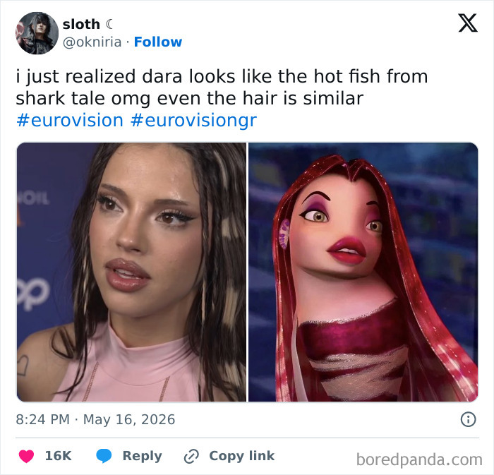 Comparison of Eurovision contestant to animated fish character from Shark Tale