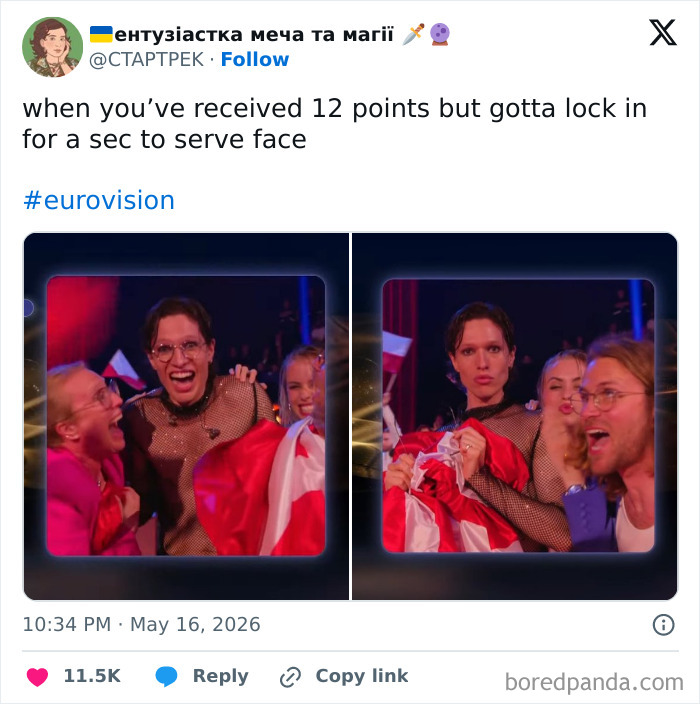 Eurovision contestant holding a flag celebrating 12 points with joyful and serious expressions