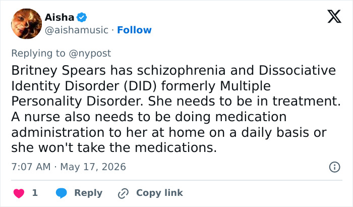 Tweet discussing Britney Spears' schizophrenia and DID diagnosis