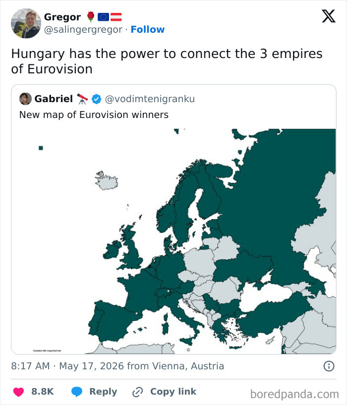 Map of Europe highlighting countries with Eurovision winners, emphasizing Hungary's connection