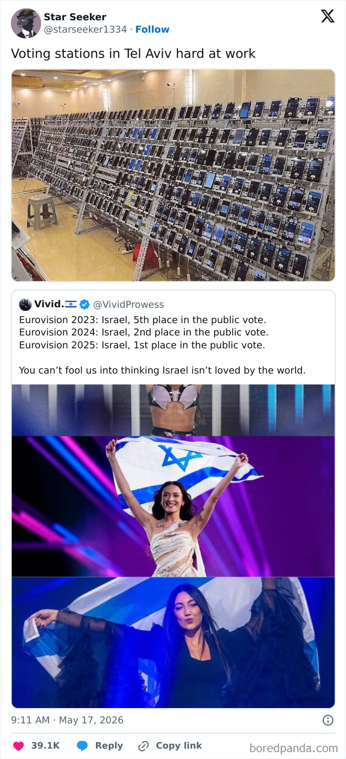 Rows of mobile phones set up like voting stations in Tel Aviv for Eurovision
