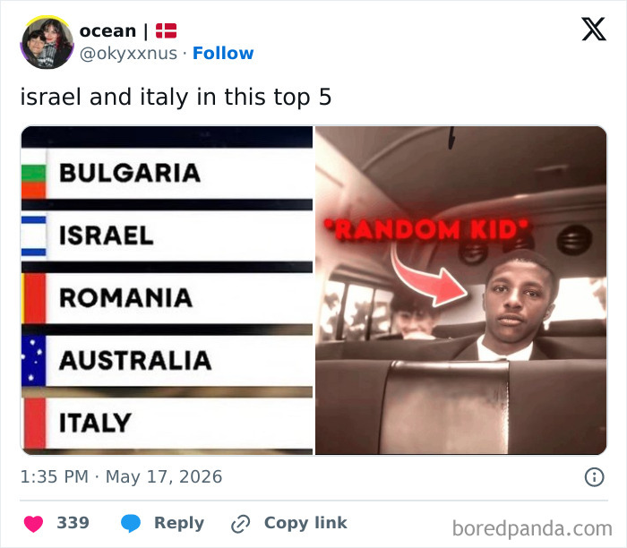 Eurovision top 5 scoreboard showing Israel and Italy with meme of random kid