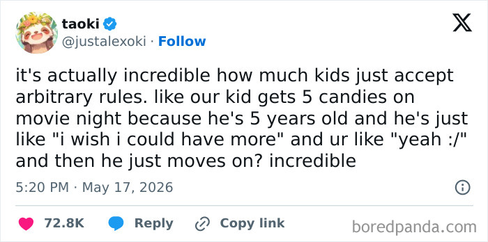 Parenting tweet about kids accepting arbitrary rules about candy on movie night
