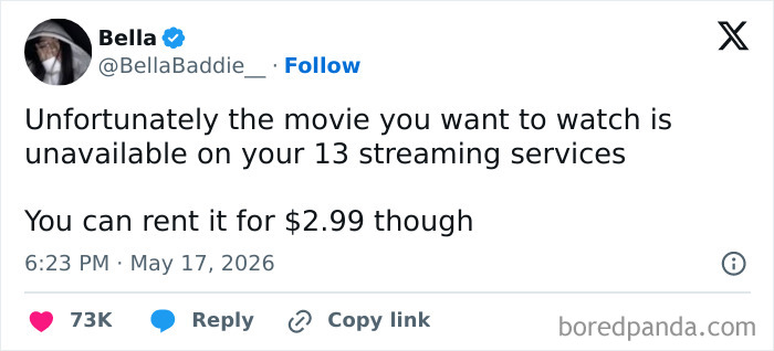 A tweet from a hilarious cinephile about movie availability: desired film unavailable on 13 streaming services, but rentable.