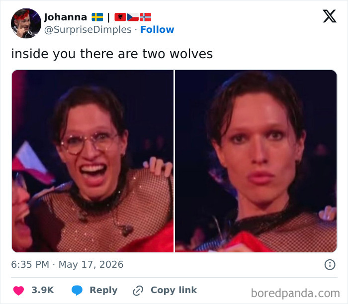Eurovision contestant holding a flag showing two contrasting facial expressions meme