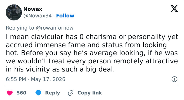 Tweet discussing influencer Clavicular's charisma and fame from looking hot