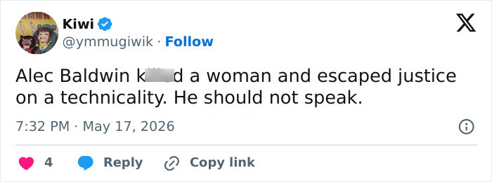 Screenshot of a tweet criticizing Alec Baldwin amid The Odyssey casting controversy