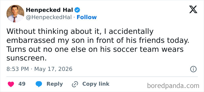 Relatable parenting moment embarrassing son by wearing sunscreen at soccer