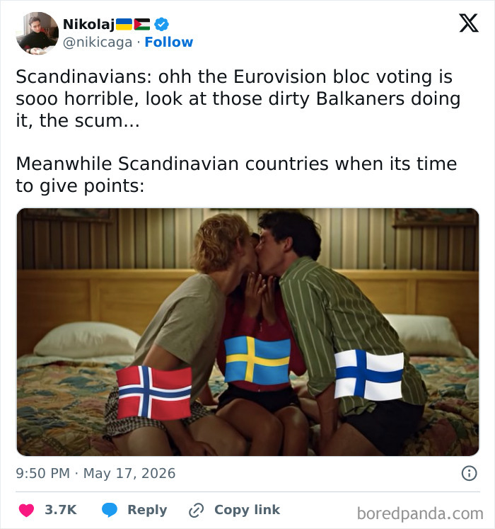 Scandinavian countries symbolically shown sharing votes in Eurovision bloc voting joke