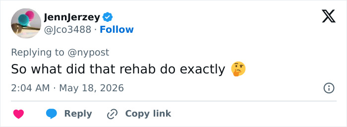 Twitter comment questioning the effectiveness of rehab for Britney Spears