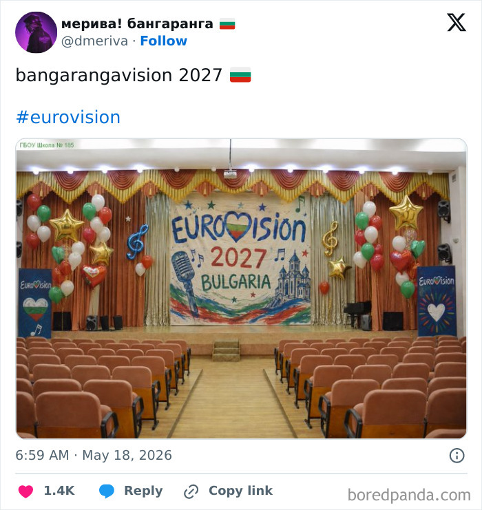 Eurovision 2027 Bulgaria themed decorated stage with balloons and musical notes
