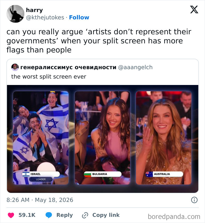 Split screen of Eurovision viewers with more flags than people, referencing artists and governments